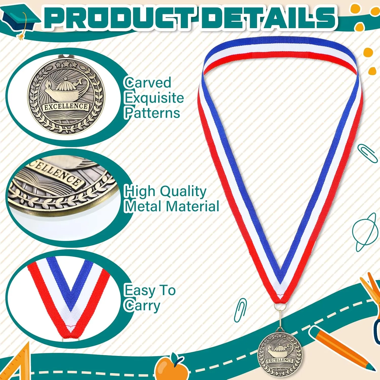 Quelay 100 Pcs 2'' Award Medals Bulk Gold Winner Medals with Neck Ribbons Metal Trophy Award Prize Gift for Tournaments, Competitions, Party, Kids and Adults
