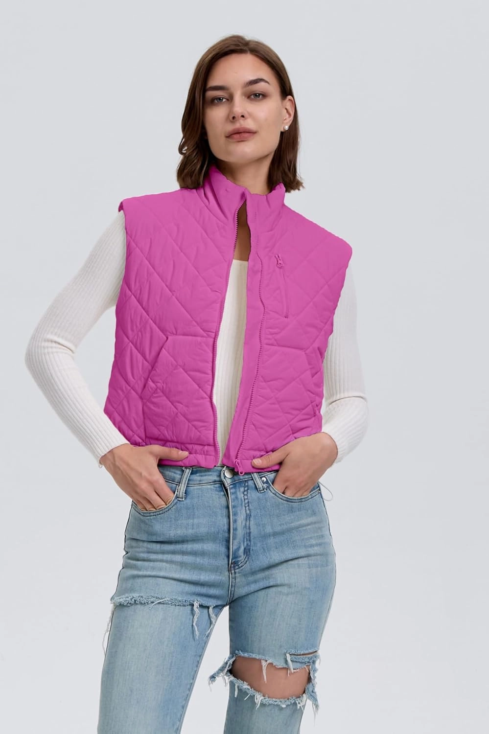 Quilted Vest Women Winter Crop Puffer Vest Lightweight Sleeveless Warm Padded Jacket with Pockets