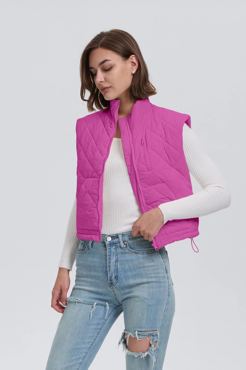 Quilted Vest Women Winter Crop Puffer Vest Lightweight Sleeveless Warm Padded Jacket with Pockets