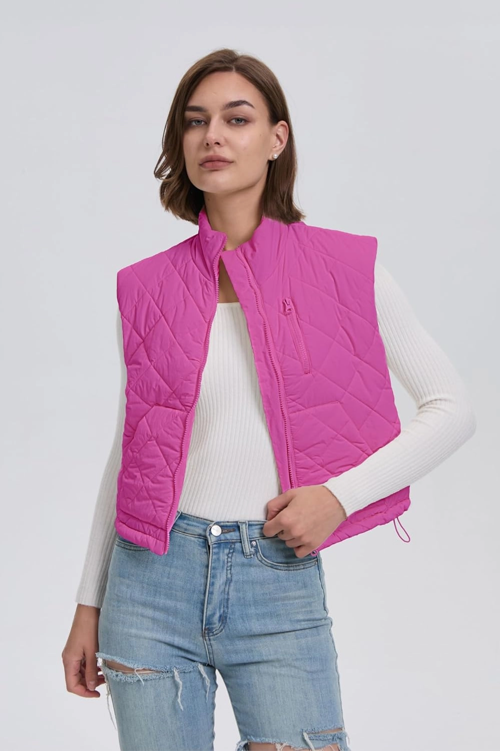 Quilted Vest Women Winter Crop Puffer Vest Lightweight Sleeveless Warm Padded Jacket with Pockets