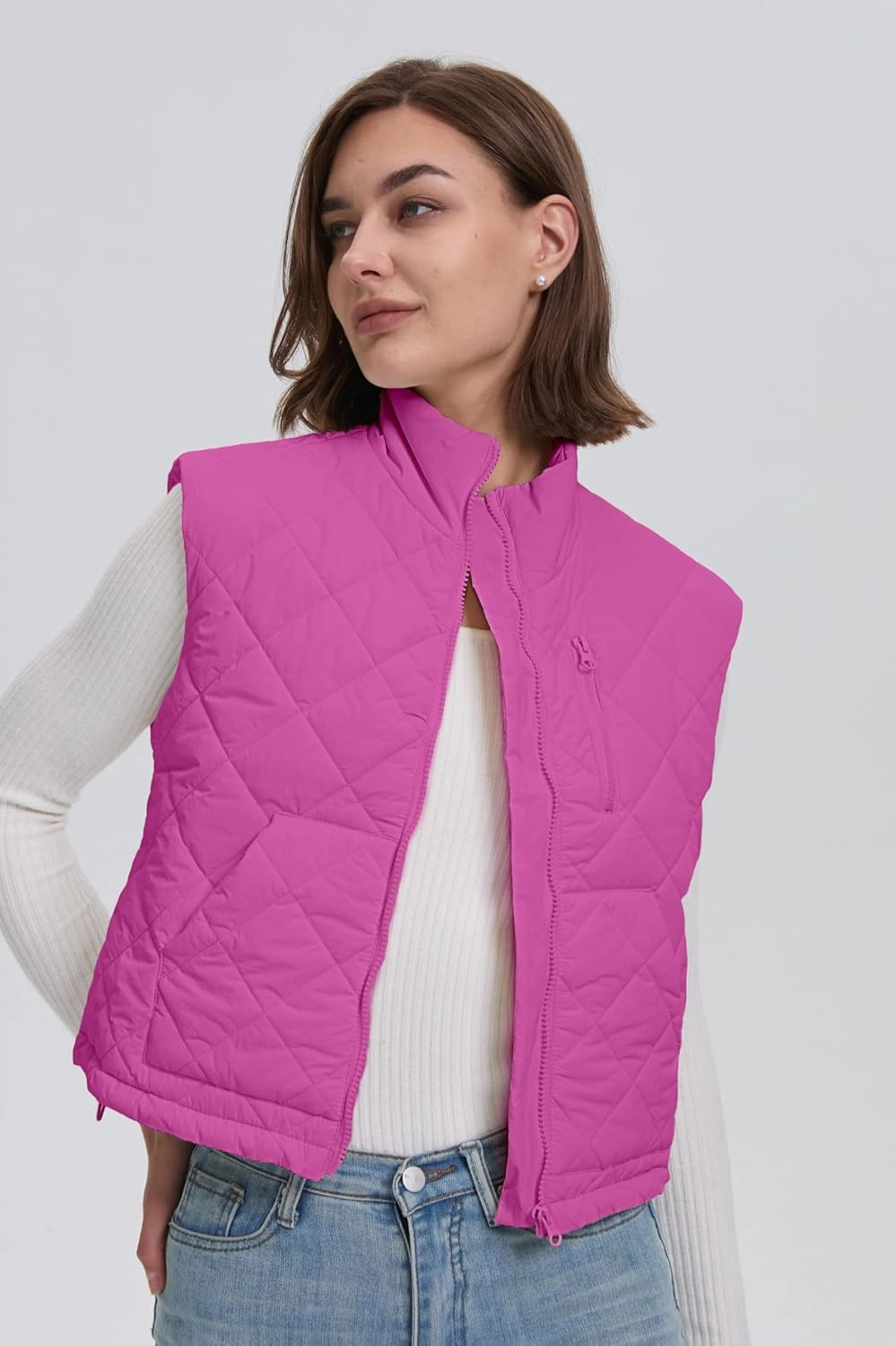 Quilted Vest Women Winter Crop Puffer Vest Lightweight Sleeveless Warm Padded Jacket with Pockets