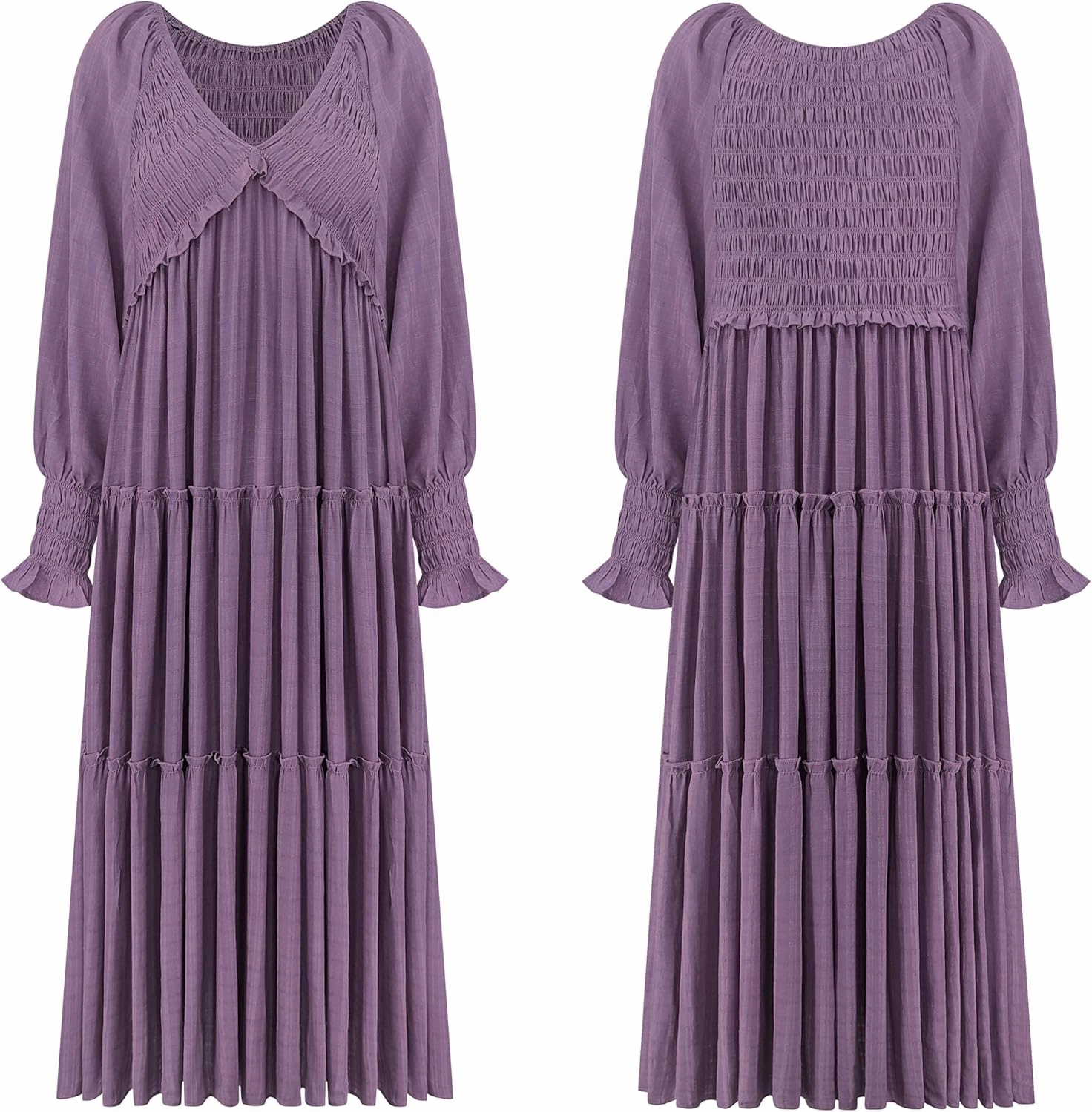 R.Vivimos Maxi Dress for Women Long Sleeve V Neck Empire Waist Layered Ruffle Boho Casual Flowy Long Dresses