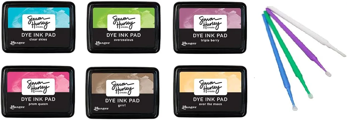 Ranger Simon Hurley Bundle - 6 Dye Ink Pad Collection with PTP Flash Deals Detail Sticks (Clear Skies, Overzealous, Over The Moon, Prom Queen, Grrr!, Triple Berry)