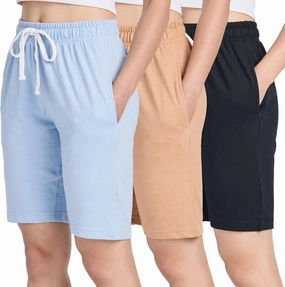 Real Essentials 3 Pack: Womens Cotton Terry Jersey 9" Bermuda Shorts Pockets-Casual Lounge Yoga (Available in Plus Size)