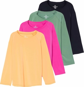 Real Essentials 4 Pack: Girls Long Sleeve Rash Guard Shirt - Swimwear UPF Sun Protection Swim Top (Ages 4-16)