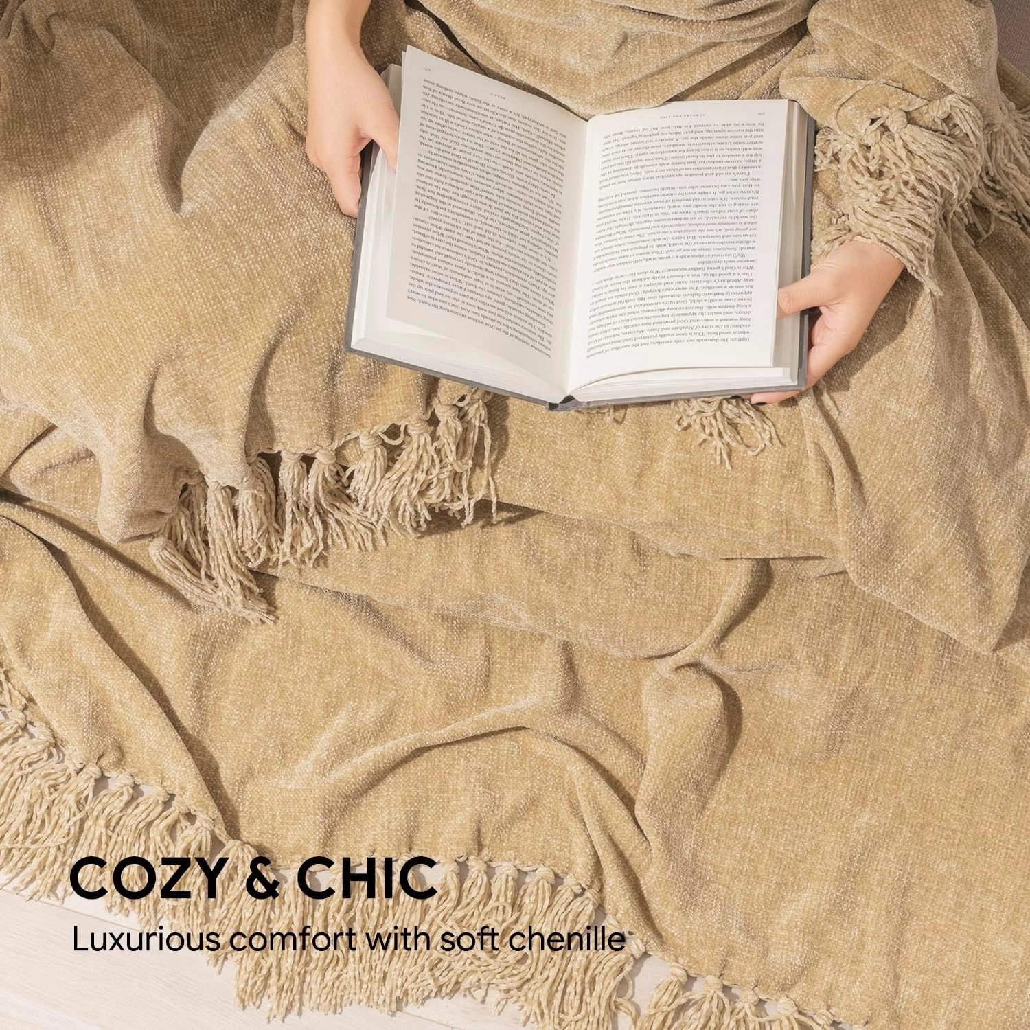 RECYCO Throw Blanket Soft Cozy Chenille Throw Blanket with Fringe Tassel for Couch Sofa Chair Bed Living Room Gift (Beige, 60" x 80")