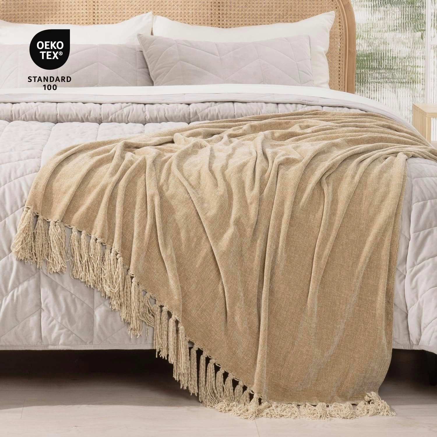 RECYCO Throw Blanket Soft Cozy Chenille Throw Blanket with Fringe Tassel for Couch Sofa Chair Bed Living Room Gift (Beige, 60" x 80")