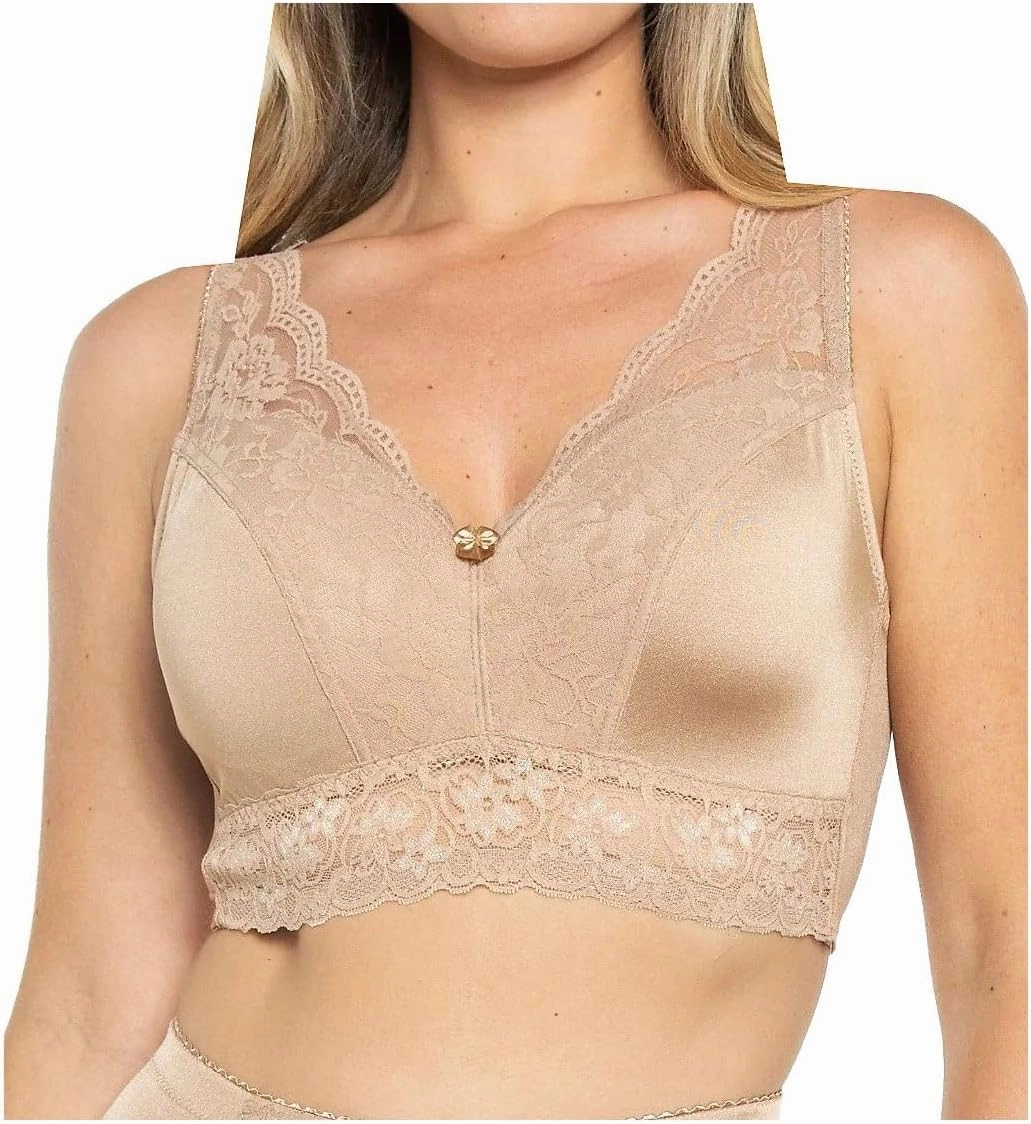 Rhonda Shear Women's Ahh Pin-Up Lace Leisure Bra with Removable Pads, 672P, Beige, S