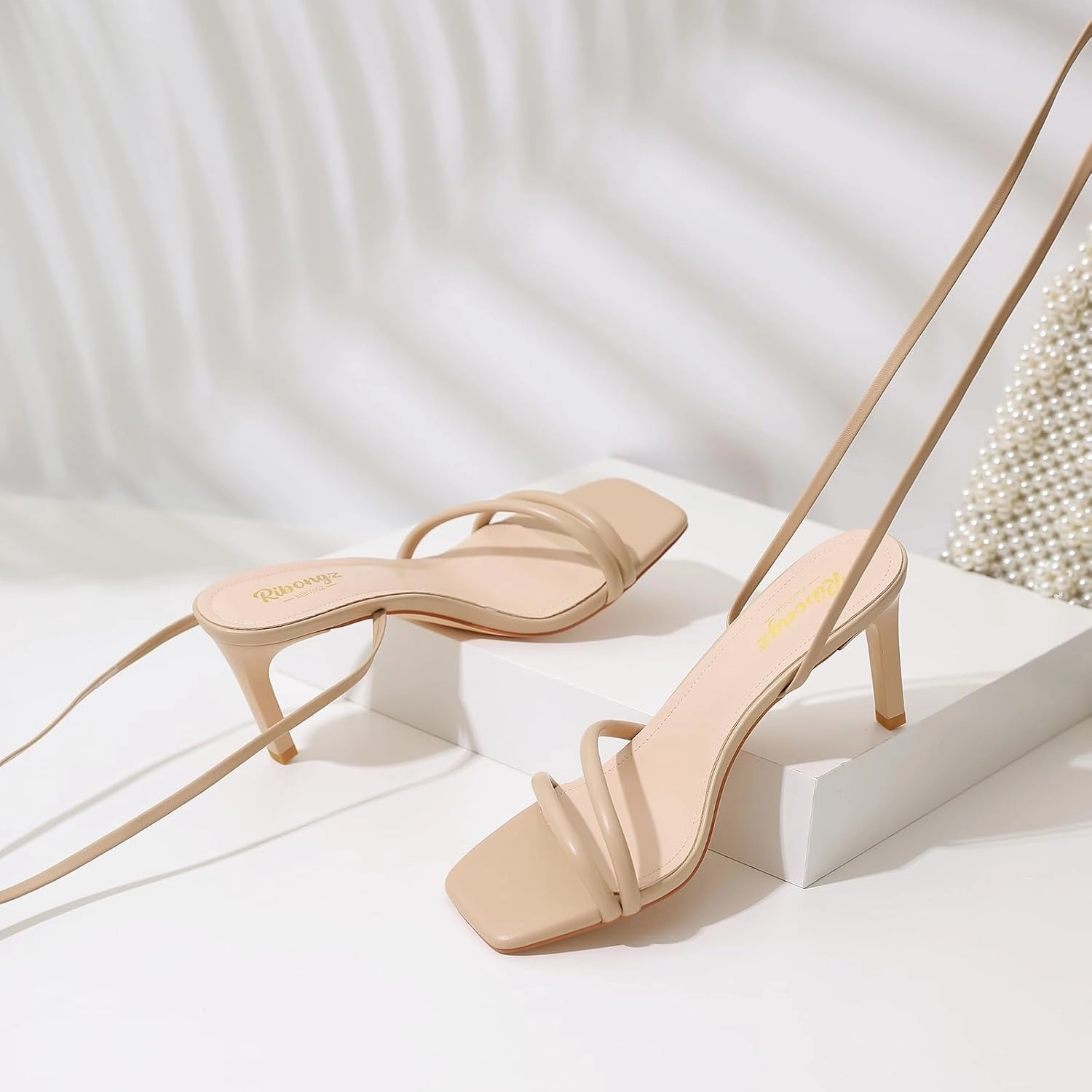 RIBONGZ Strappy Heels for Women Square Open Toe Tie Up Sandals Ankle Strap Lace Up Stiletto High Heels Sexy for Wedding Prom Party Comfort Dress Shoes