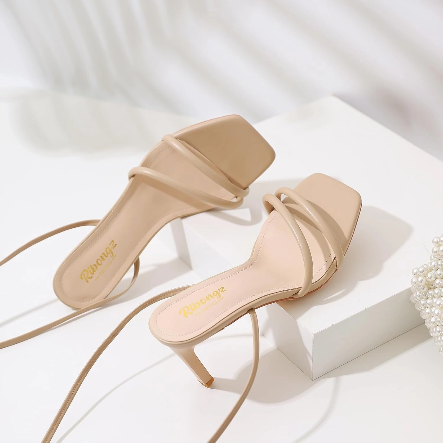 RIBONGZ Strappy Heels for Women Square Open Toe Tie Up Sandals Ankle Strap Lace Up Stiletto High Heels Sexy for Wedding Prom Party Comfort Dress Shoes