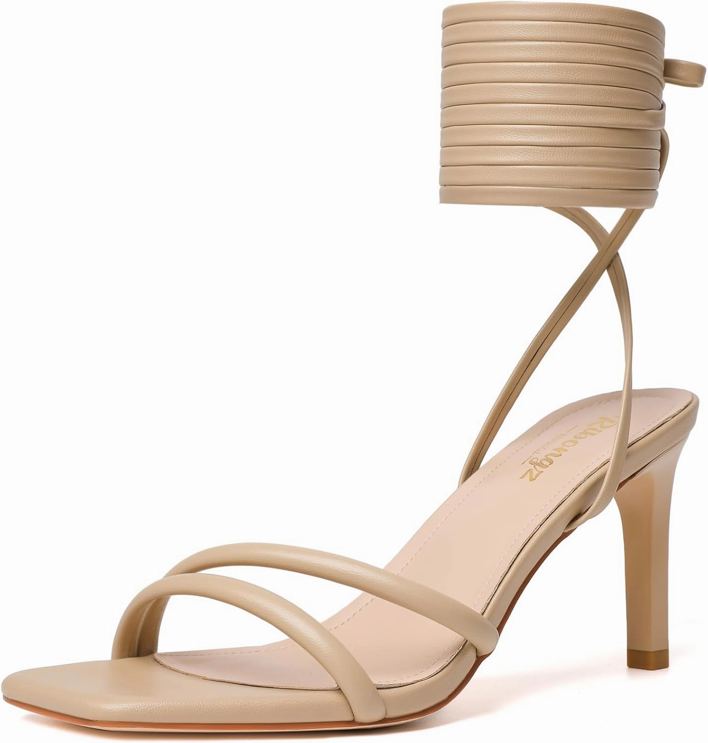RIBONGZ Strappy Heels for Women Square Open Toe Tie Up Sandals Ankle Strap Lace Up Stiletto High Heels Sexy for Wedding Prom Party Comfort Dress Shoes