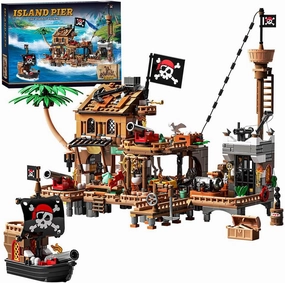 RiceBlock Pirate Town House Building Sets, Pirate Wharf Supply Center Building Blocks Toys for Kids, 868 Pieces