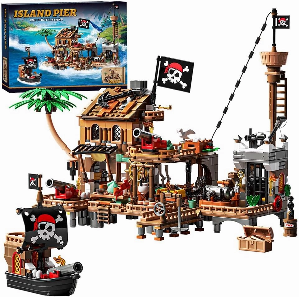 RiceBlock Pirate Town House Building Sets, Pirate Wharf Supply Center Building Blocks Toys for Kids, 868 Pieces