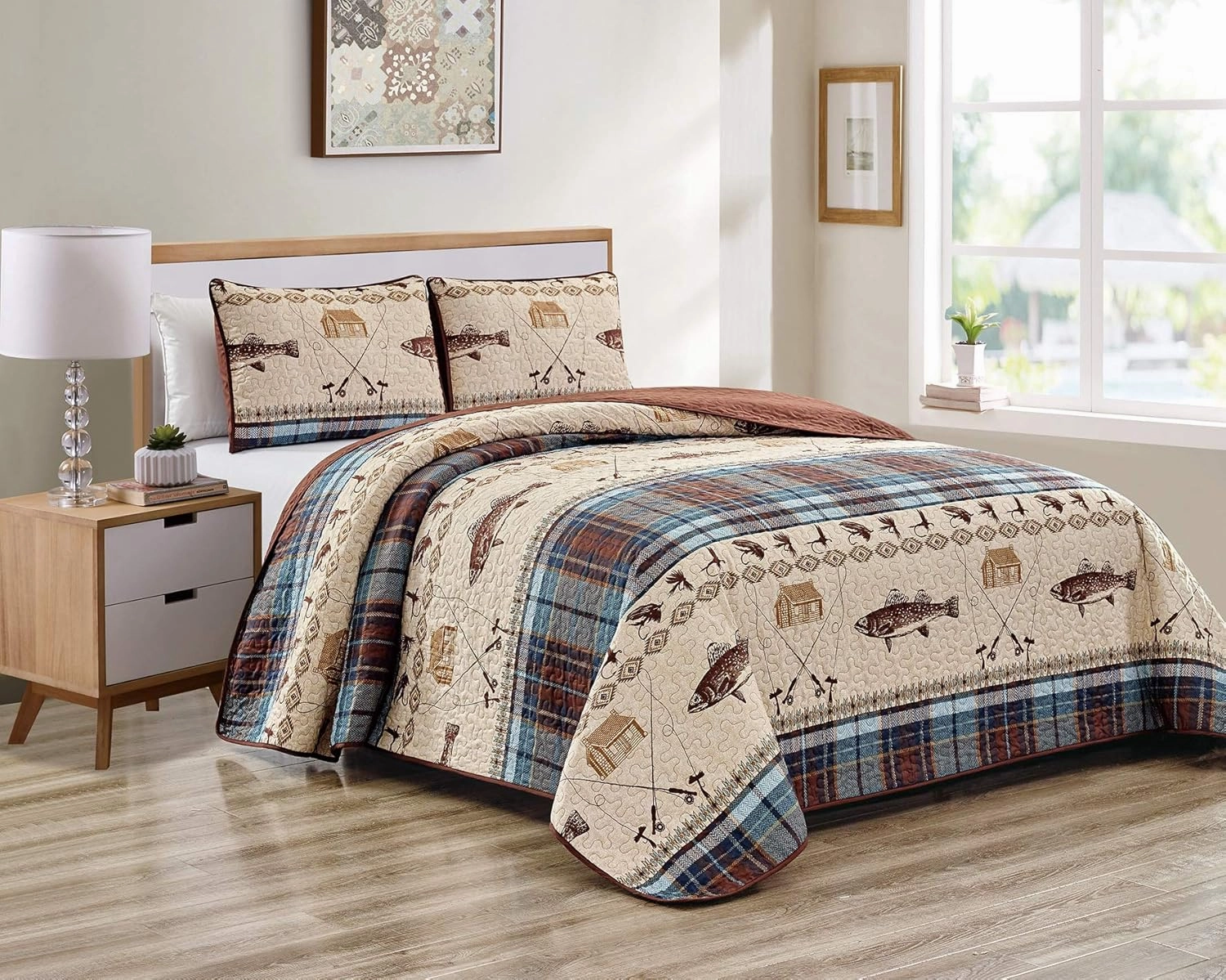 River Fly Fishing Themed Rustic Cabin Lodge Quilt Stitched Bedspread Bedding Set with Fishing Rods Lure with Southwestern Tartan Check Plaid Tweed Patterns Blue Brown - River Lodge (Full/Queen)
