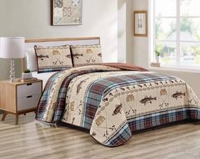 River Fly Fishing Themed Rustic Cabin Lodge Quilt Stitched Bedspread Bedding Set with Fishing Rods Lure with Southwestern Tartan Check Plaid Tweed Patterns Blue Brown - River Lodge (Full/Queen)