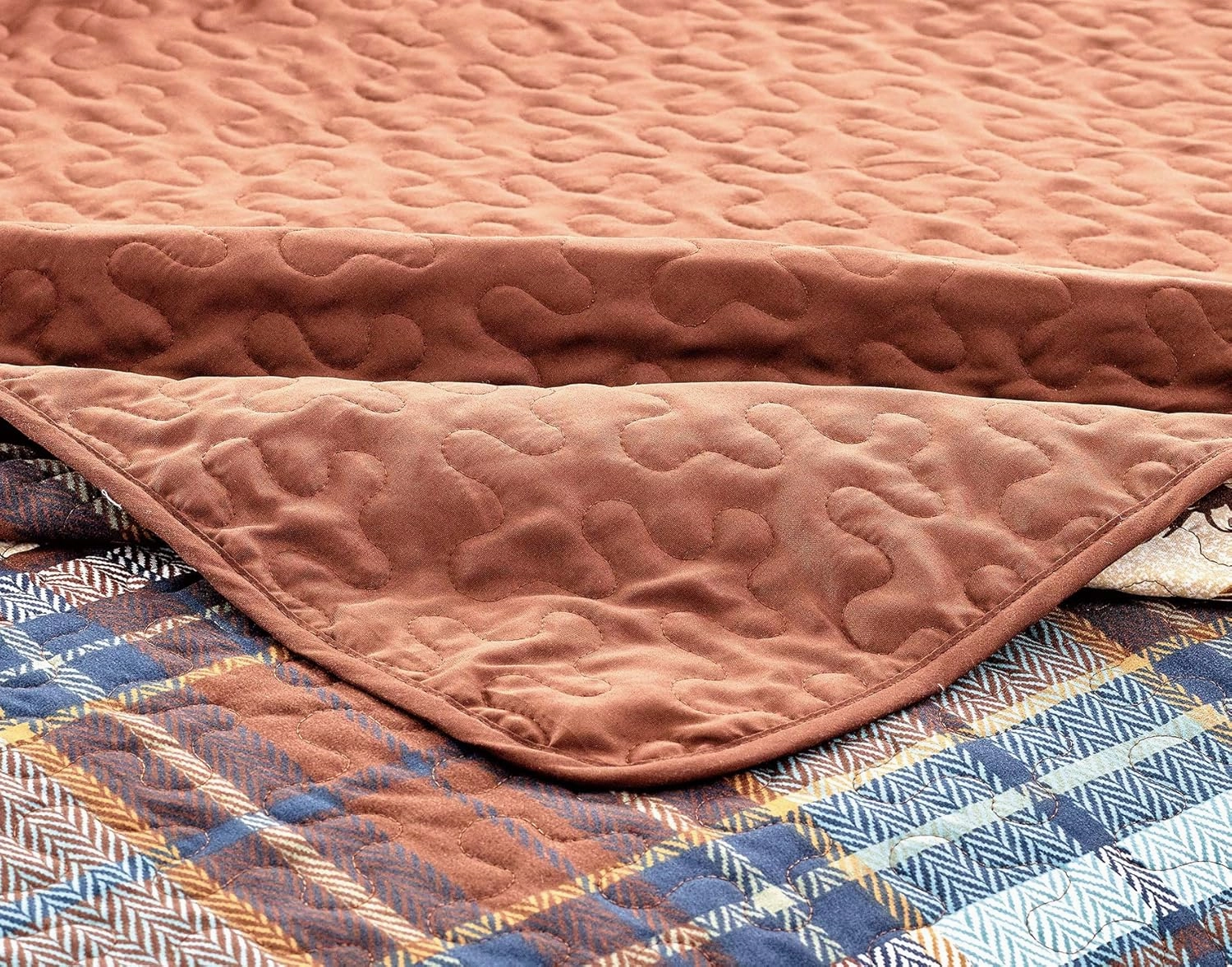 River Fly Fishing Themed Rustic Cabin Lodge Quilt Stitched Bedspread Bedding Set with Fishing Rods Lure with Southwestern Tartan Check Plaid Tweed Patterns Blue Brown - River Lodge (Full/Queen)