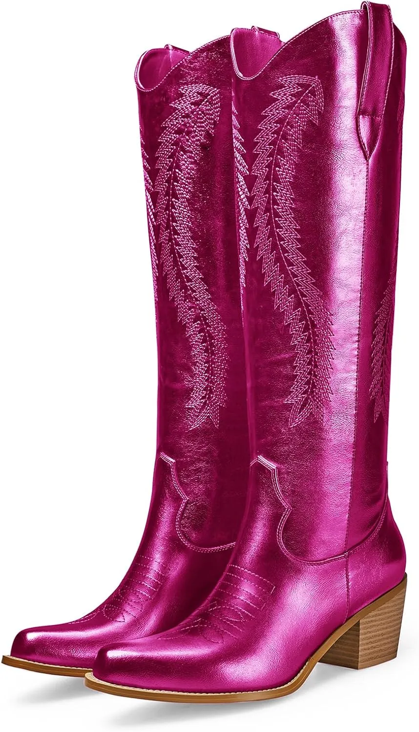 RKQ Women's Metallic Cowboy Boots Sparkle Knee High Cowgirl Boots Embroidered Western Wide Calf Boots with Pull on Tabs Pointed Toe Stacked Chunky Heel for Party Wedding Casual