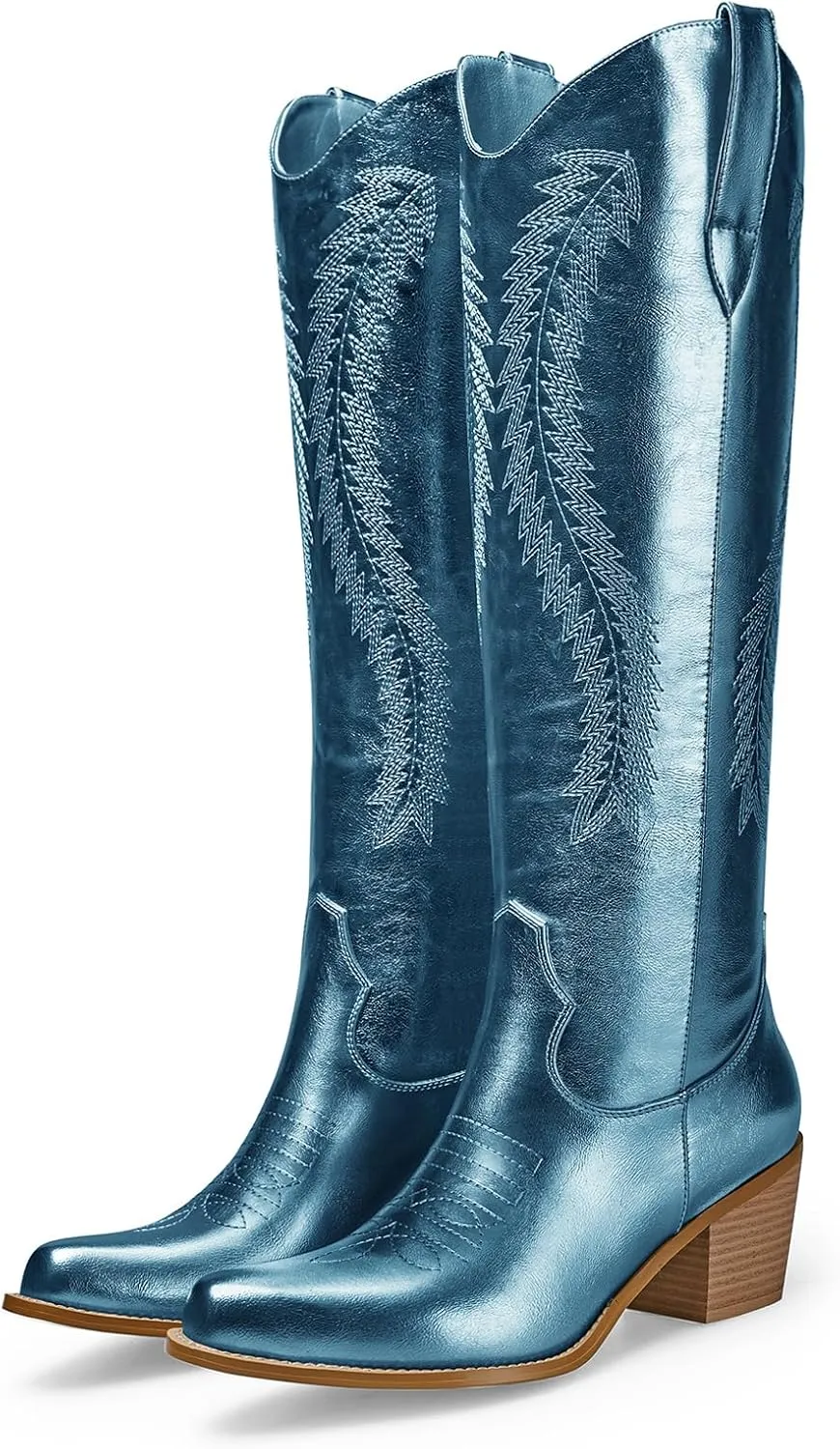 RKQ Women's Metallic Cowboy Boots Sparkle Knee High Cowgirl Boots Embroidered Western Wide Calf Boots with Pull on Tabs Pointed Toe Stacked Chunky Heel for Party Wedding Casual