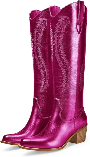 RKQ Women's Metallic Cowboy Boots Sparkle Knee High Cowgirl Boots Embroidered Western Wide Calf Boots with Pull on Tabs Pointed Toe Stacked Chunky Heel for Party Wedding Casual