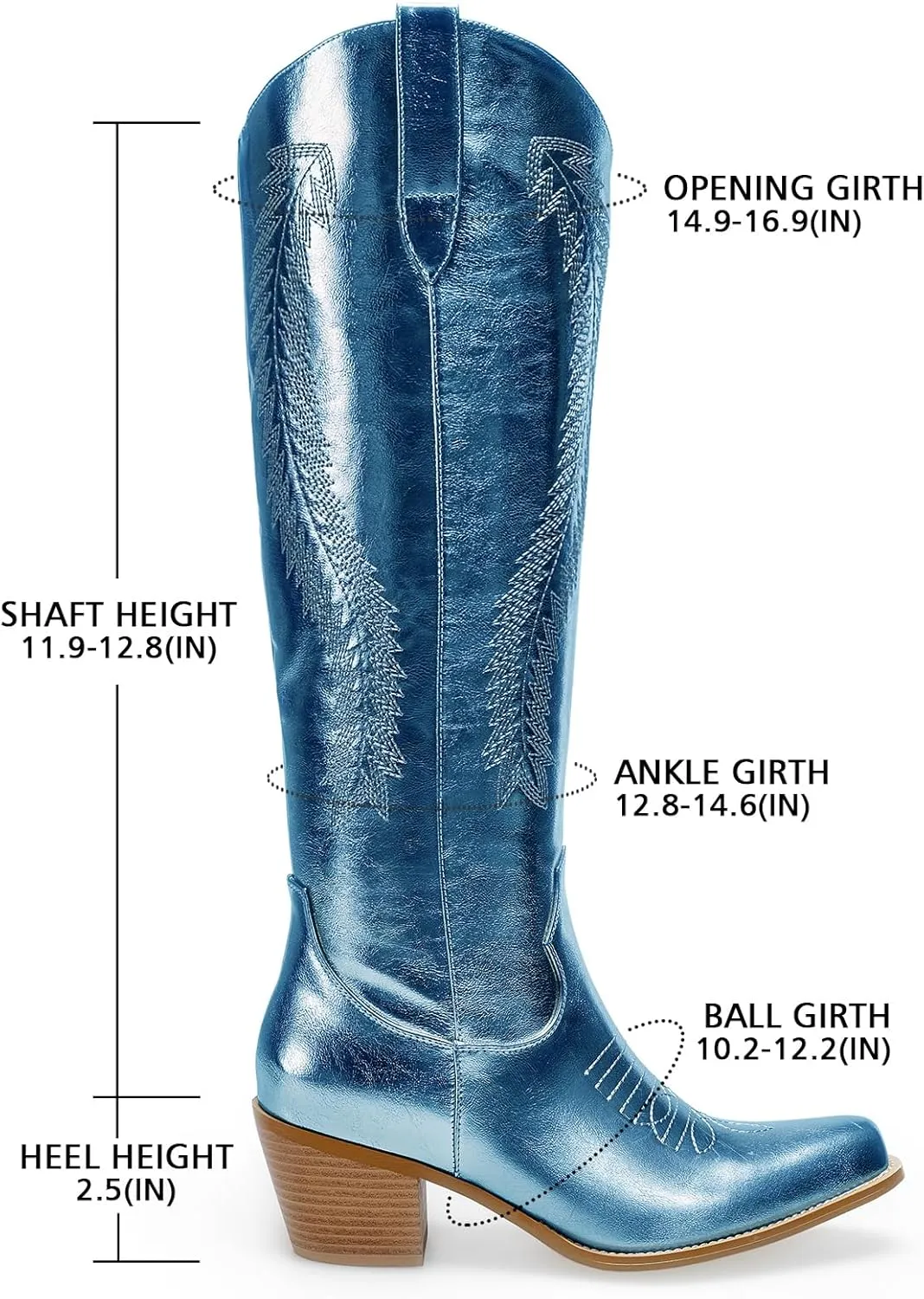 RKQ Women's Metallic Cowboy Boots Sparkle Knee High Cowgirl Boots Embroidered Western Wide Calf Boots with Pull on Tabs Pointed Toe Stacked Chunky Heel for Party Wedding Casual