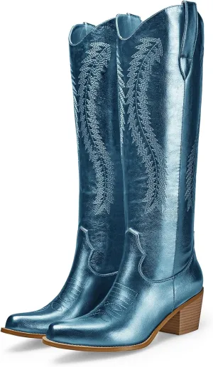 RKQ Women's Metallic Cowboy Boots Sparkle Knee High Cowgirl Boots Embroidered Western Wide Calf Boots with Pull on Tabs Pointed Toe Stacked Chunky Heel for Party Wedding Casual