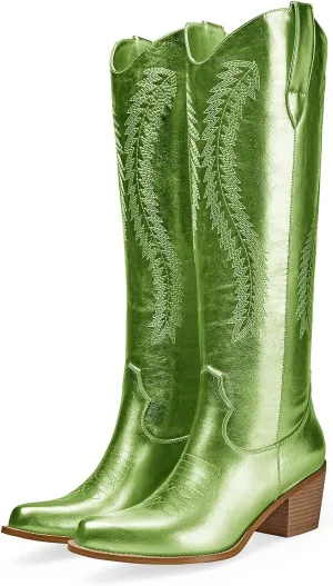 RKQ Women's Metallic Cowboy Boots Sparkle Knee High Cowgirl Boots Embroidered Western Wide Calf Boots with Pull on Tabs Pointed Toe Stacked Chunky Heel for Party Wedding Casual