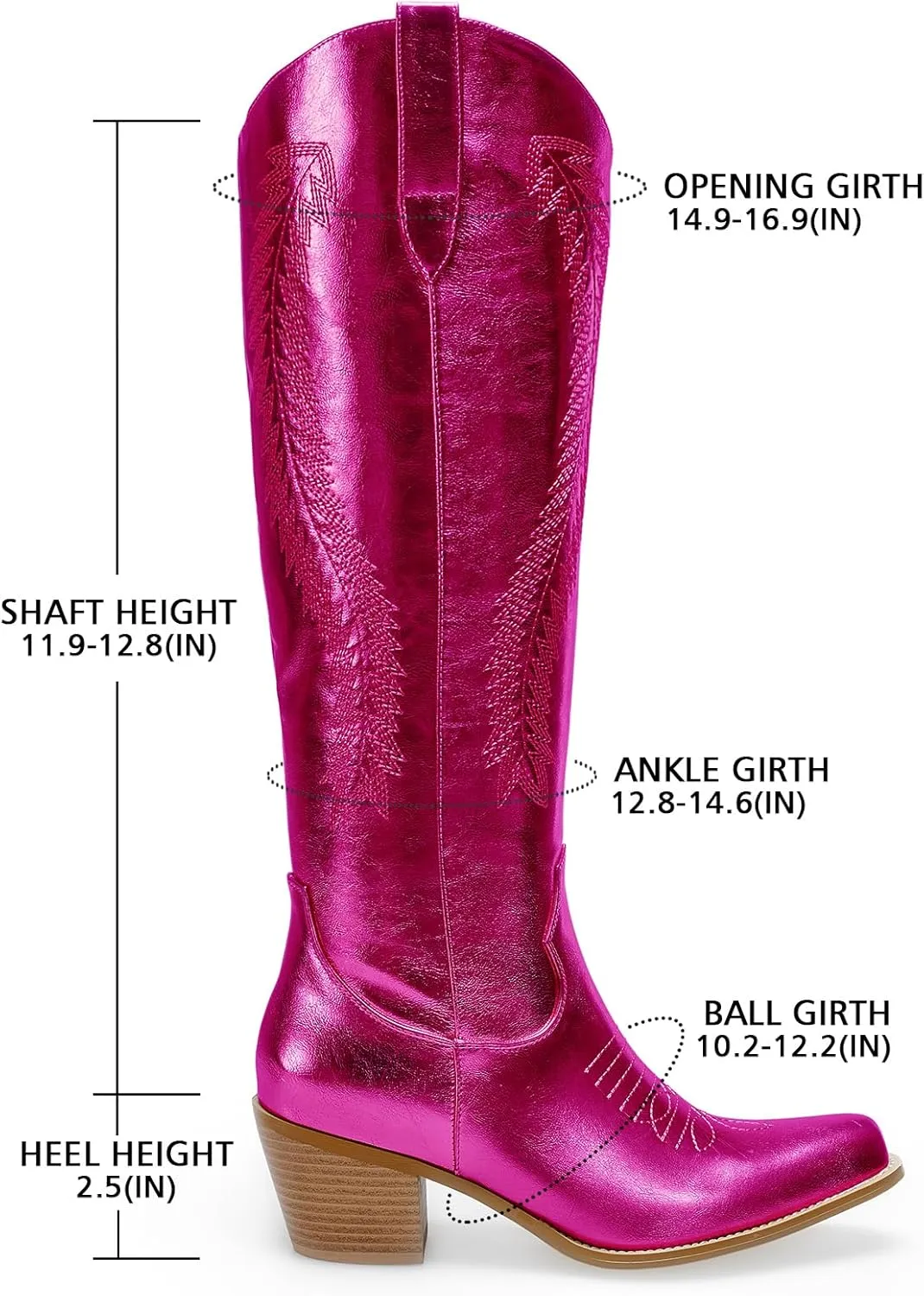 RKQ Women's Metallic Cowboy Boots Sparkle Knee High Cowgirl Boots Embroidered Western Wide Calf Boots with Pull on Tabs Pointed Toe Stacked Chunky Heel for Party Wedding Casual