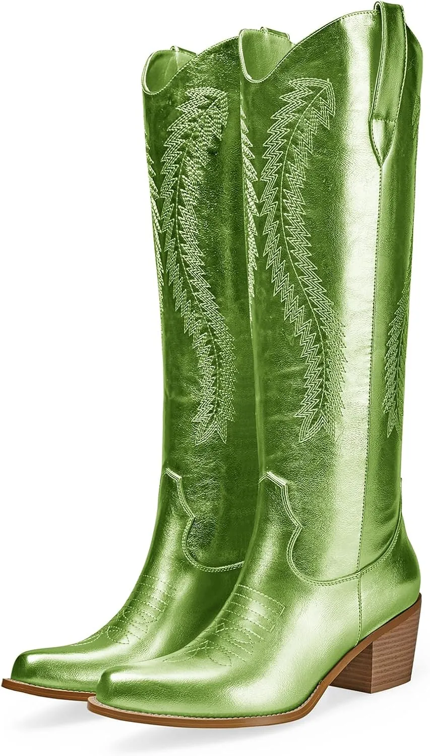 RKQ Women's Metallic Cowboy Boots Sparkle Knee High Cowgirl Boots Embroidered Western Wide Calf Boots with Pull on Tabs Pointed Toe Stacked Chunky Heel for Party Wedding Casual