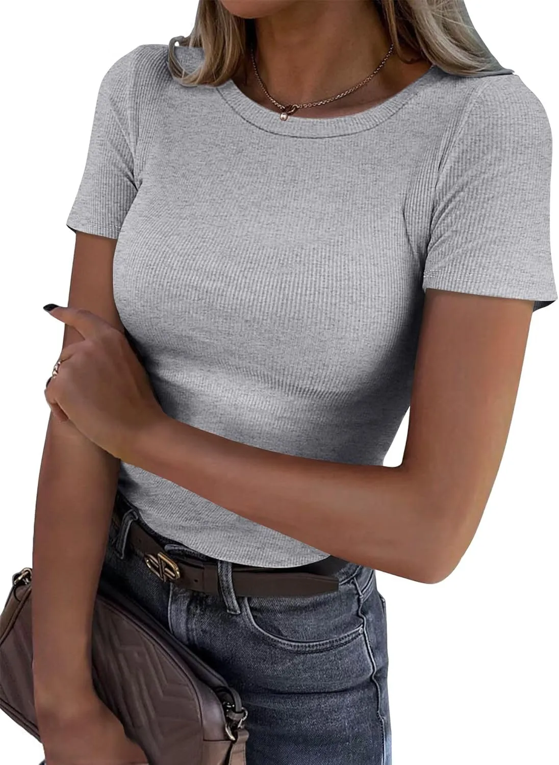 Roselux Women Crew Neck Ribbed Fitted Tight Tshirt Short Sleeve Shirt Basic Knit Top