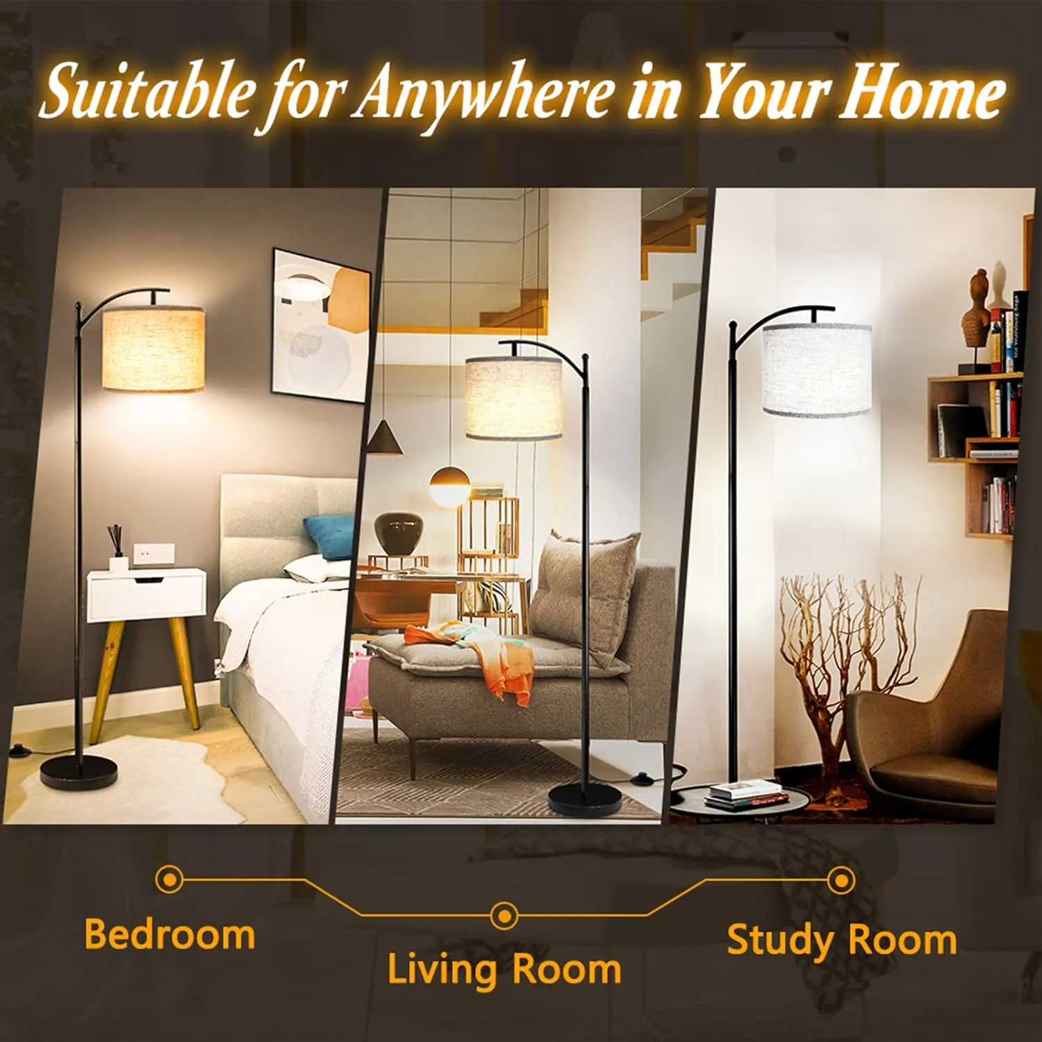 ROTTOGOON Floor Lamp with 3CCT LED Bulb, Gray Linen Lamp Shade for Living Room, Modern Standing Lamp for Bedrooms - Black
