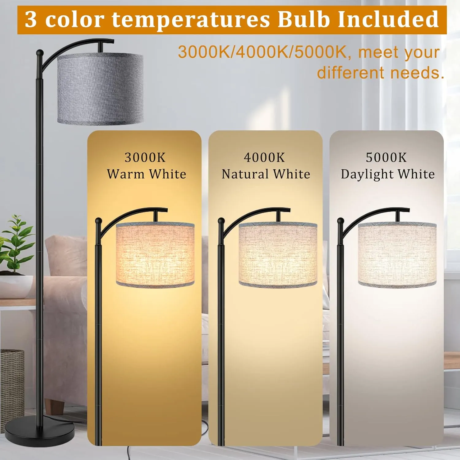 ROTTOGOON Floor Lamp with 3CCT LED Bulb, Gray Linen Lamp Shade for Living Room, Modern Standing Lamp for Bedrooms - Black