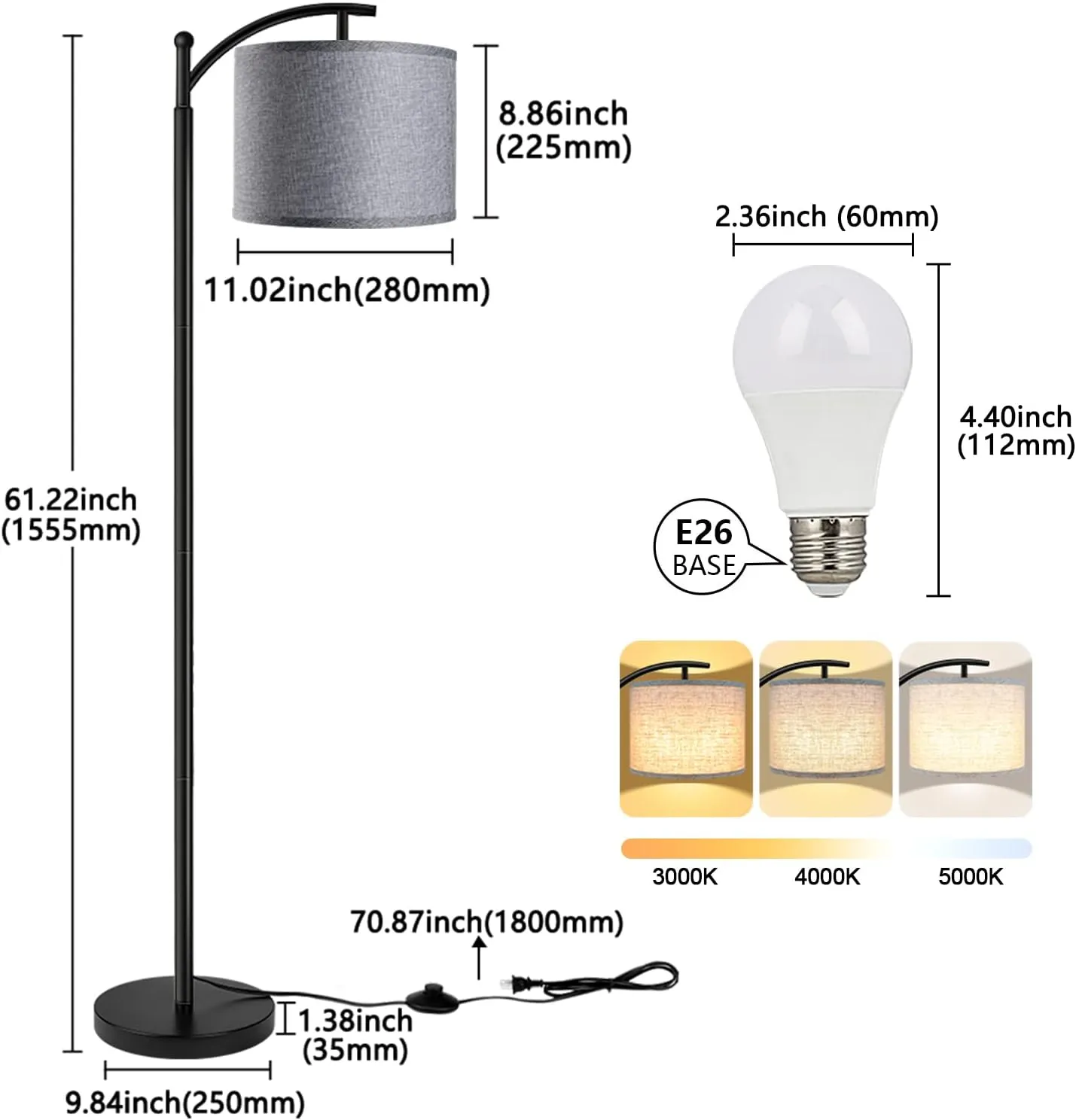 ROTTOGOON Floor Lamp with 3CCT LED Bulb, Gray Linen Lamp Shade for Living Room, Modern Standing Lamp for Bedrooms - Black