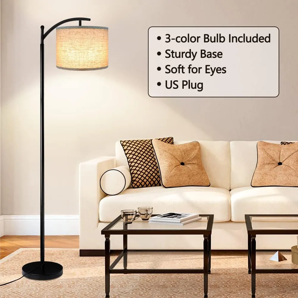 ROTTOGOON Floor Lamp with 3CCT LED Bulb, Gray Linen Lamp Shade for Living Room, Modern Standing Lamp for Bedrooms - Black