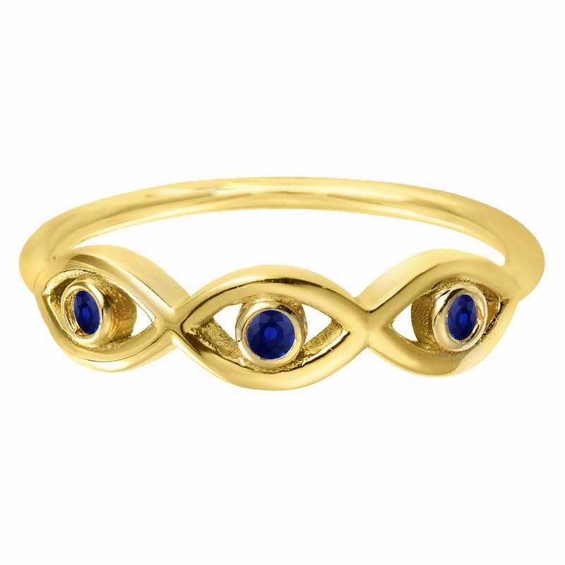 Round Cut Blue Sapphire Evil Eye Ring For Women, 14K Yellow Gold Plated 925 Silver September Birthstone Blue Sapphire Trio Evil Eye Protection Ring