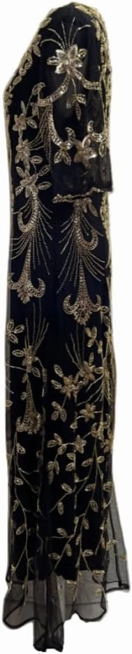 Round Neck Half Sleeve Black Dress Gold Floral Design Sequin Embroidery Elegant Womens Evening Dress