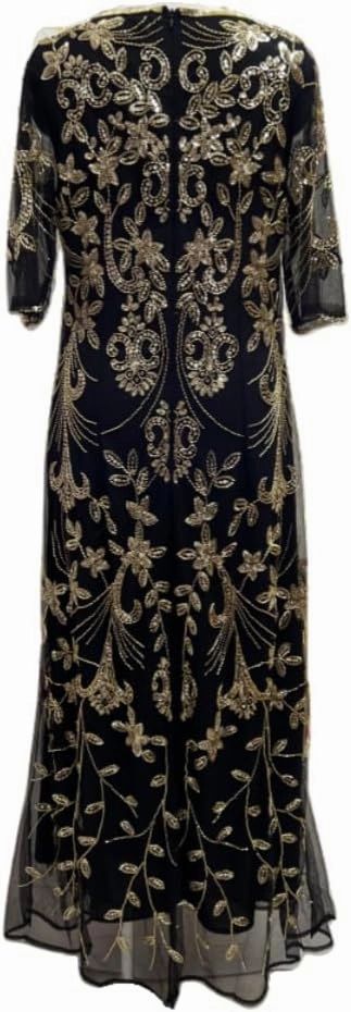 Round Neck Half Sleeve Black Dress Gold Floral Design Sequin Embroidery Elegant Womens Evening Dress