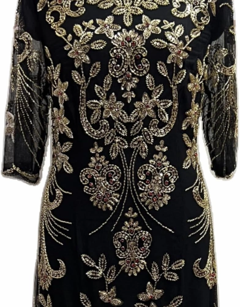 Round Neck Half Sleeve Black Dress Gold Floral Design Sequin Embroidery Elegant Womens Evening Dress
