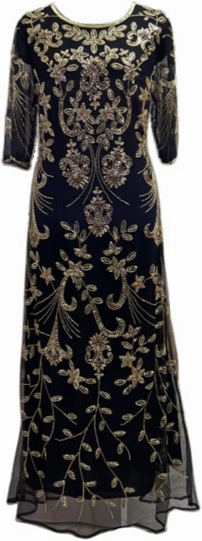 Round Neck Half Sleeve Black Dress Gold Floral Design Sequin Embroidery Elegant Womens Evening Dress