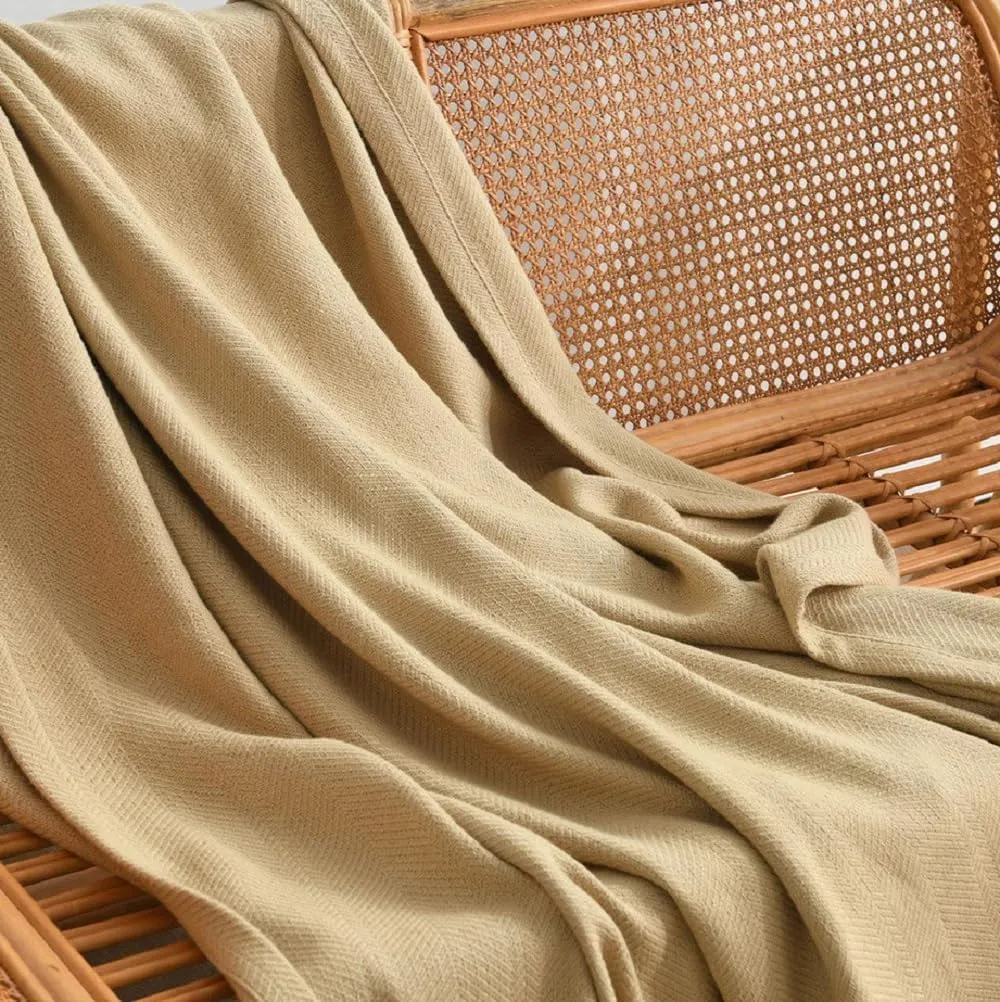 Royal Tradition Medium Weight 100% Cotton Blanket Jacquard (Twin/Twin XL Size 68x90, Beige) Cozy and Comfortable for All Seasons