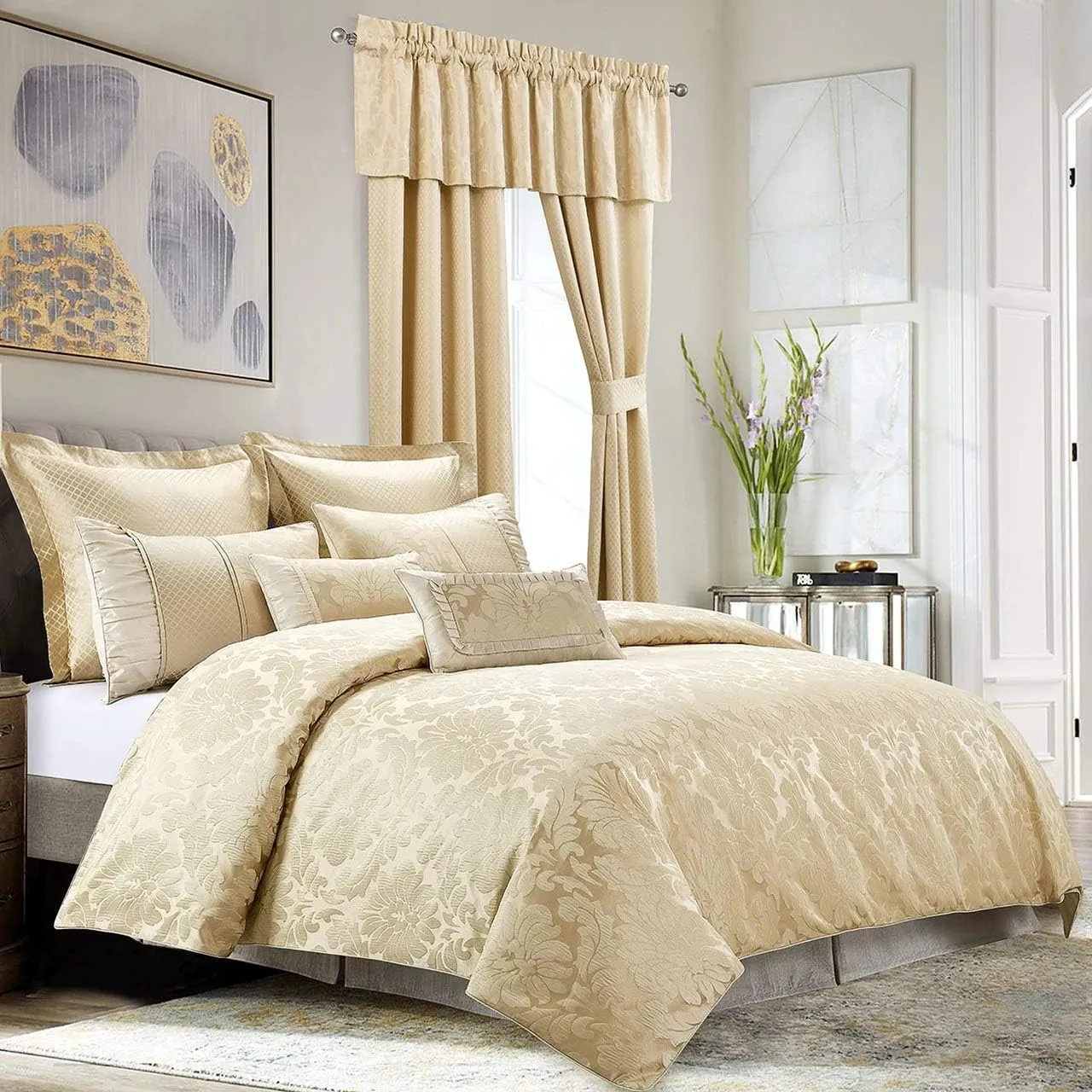 Royal Tradition Sara Jacquard Cotton Blend, Full-Queen 7PC Duvet Cover Set, Multi-Tone of Beige
