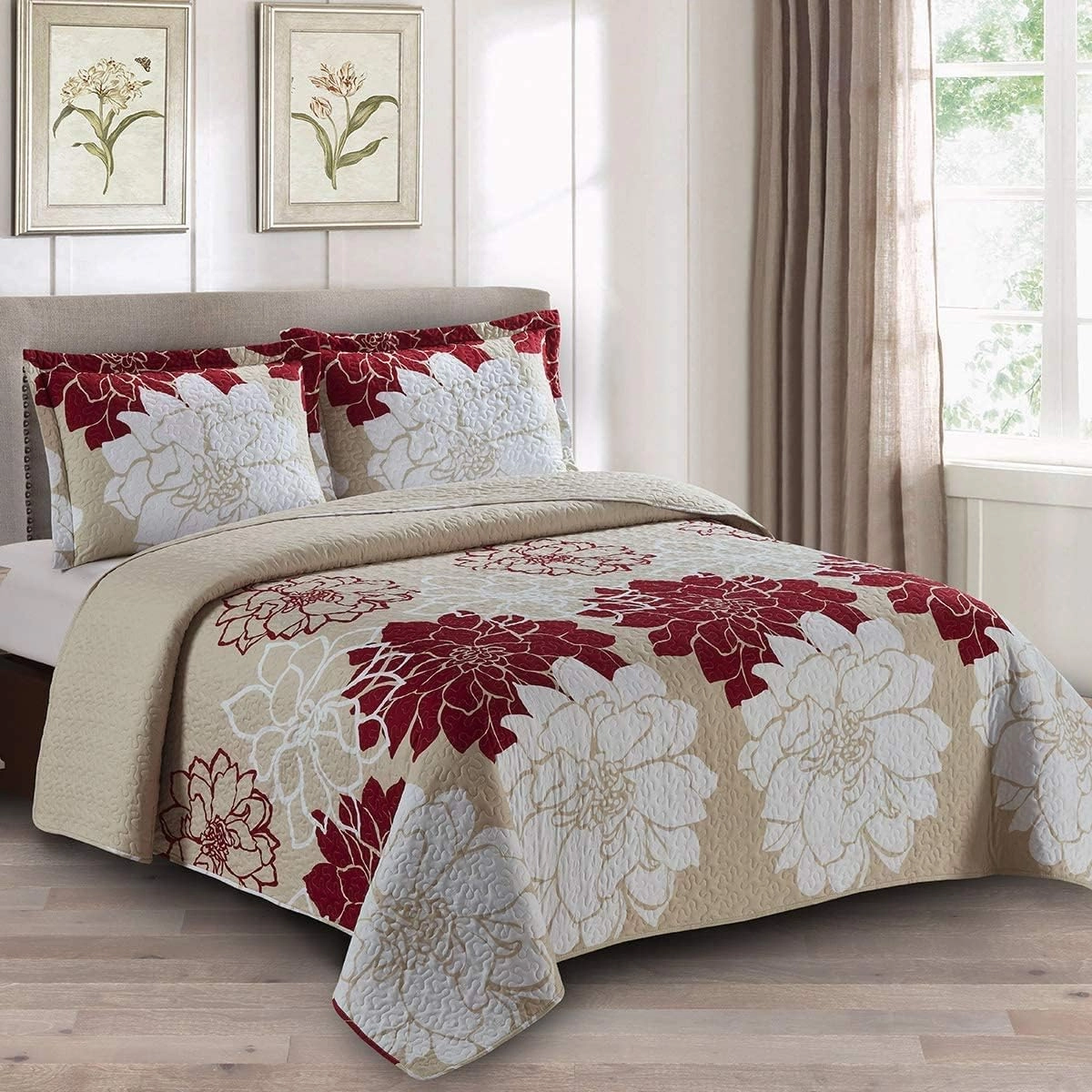 Royal Tradition 7PC Bedspread Set -Queen Size- Helena Burgundy Printed Quilted Wrinkle-Free Microfiber Includes: 3PC Coverlet Set and 4PC Sheets Set