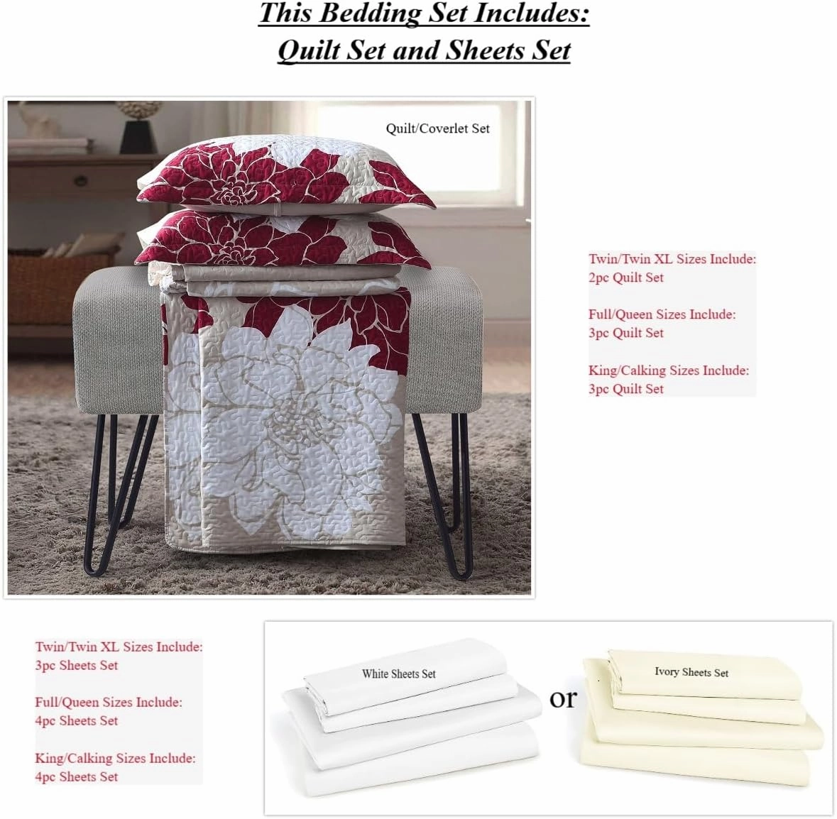 Royal Tradition 7PC Bedspread Set -Queen Size- Helena Burgundy Printed Quilted Wrinkle-Free Microfiber Includes: 3PC Coverlet Set and 4PC Sheets Set