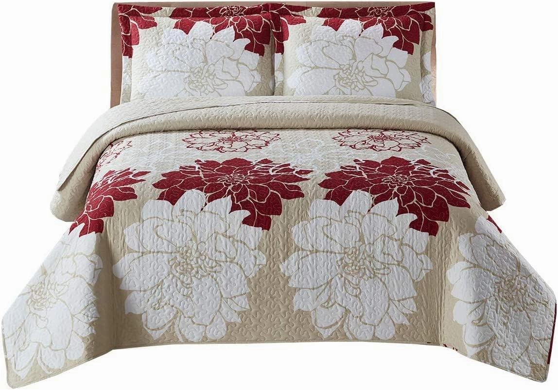 Royal Tradition 7PC Bedspread Set -Queen Size- Helena Burgundy Printed Quilted Wrinkle-Free Microfiber Includes: 3PC Coverlet Set and 4PC Sheets Set