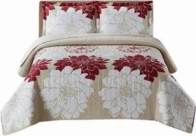 Royal Tradition 7PC Bedspread Set -Queen Size- Helena Burgundy Printed Quilted Wrinkle-Free Microfiber Includes: 3PC Coverlet Set and 4PC Sheets Set