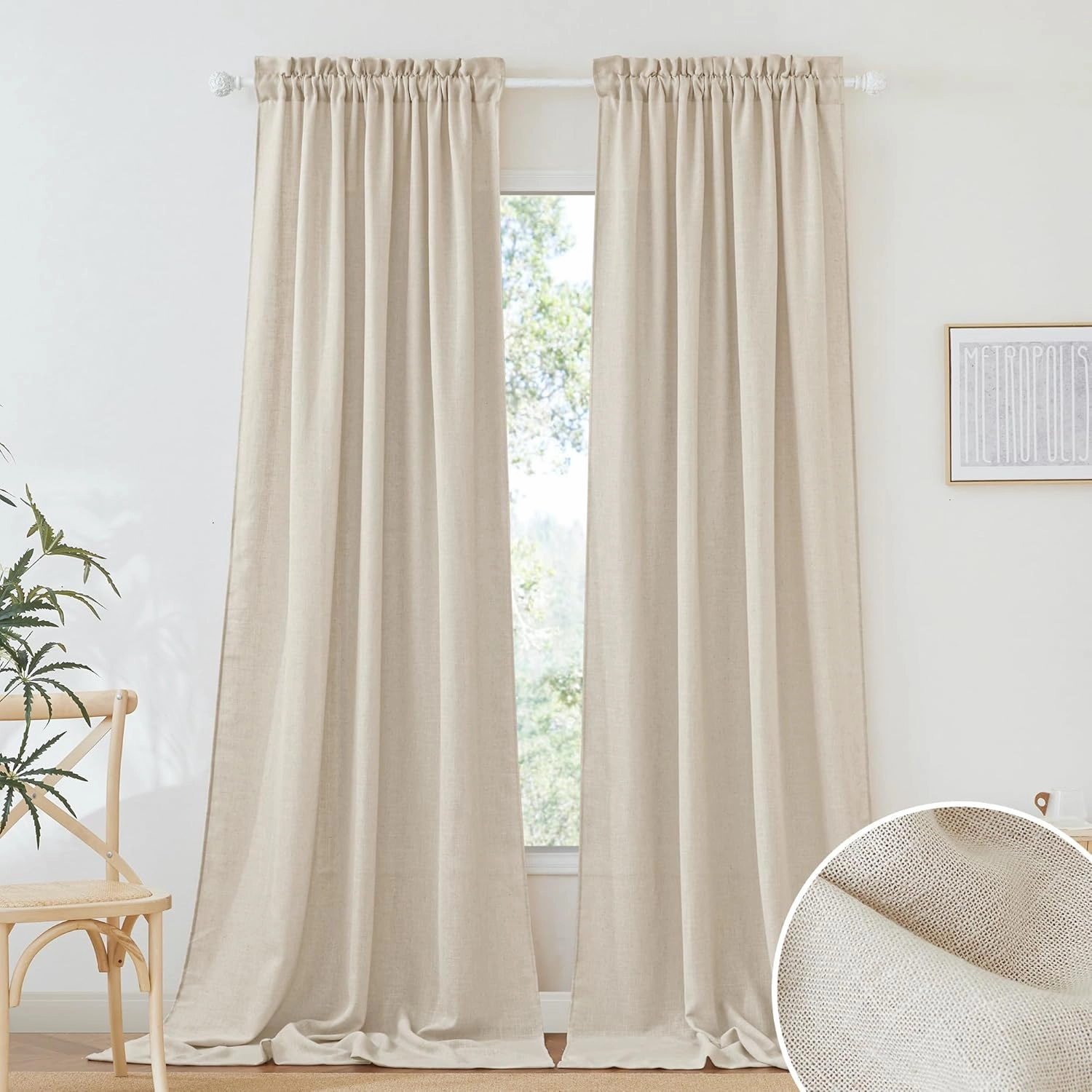 RYB HOME Linen Sheer Curtains Extra Long Farmhouse Bedroom Sliding Door, Beige, W 52 x L 120, 2 Panels