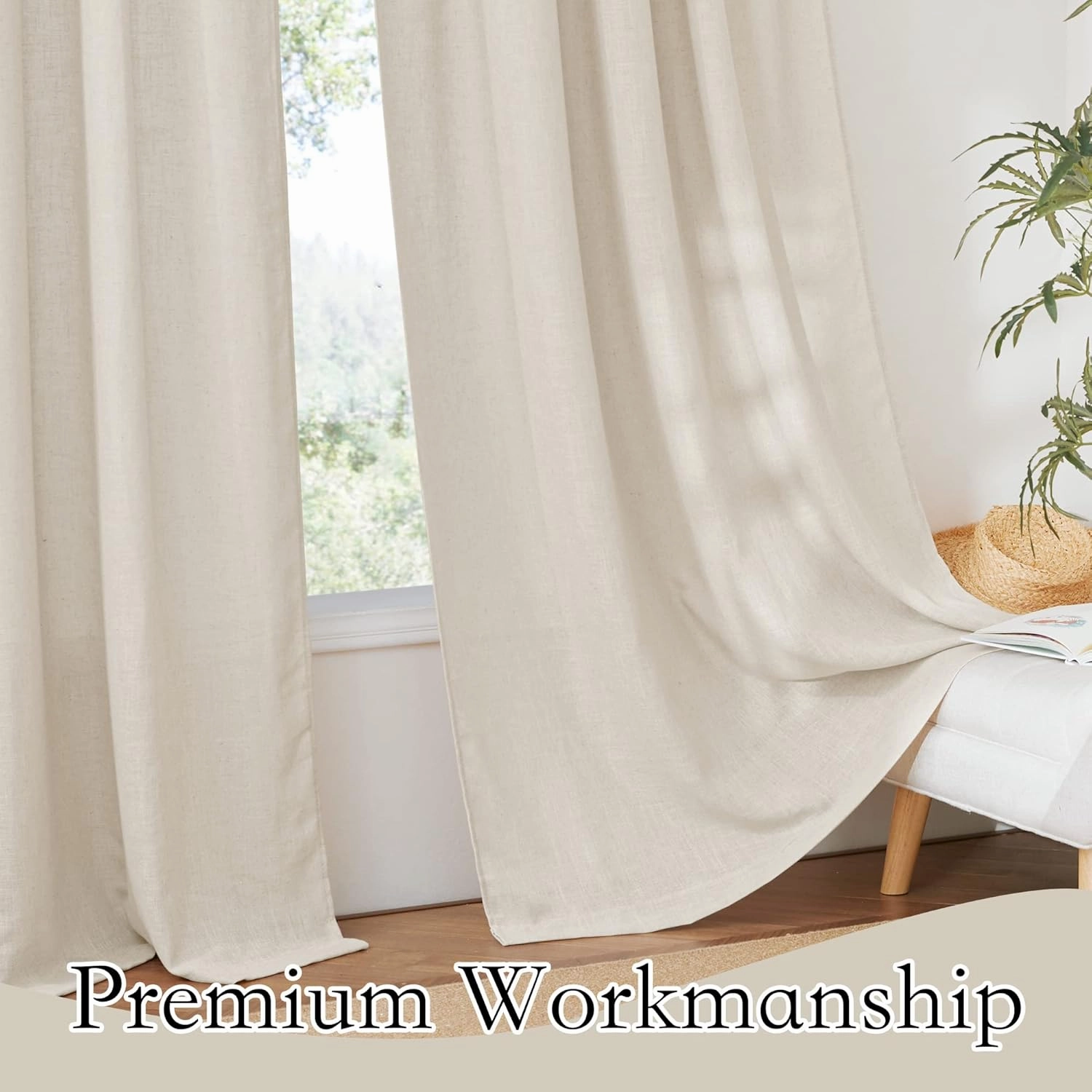 RYB HOME Linen Sheer Curtains Extra Long Farmhouse Bedroom Sliding Door, Beige, W 52 x L 120, 2 Panels