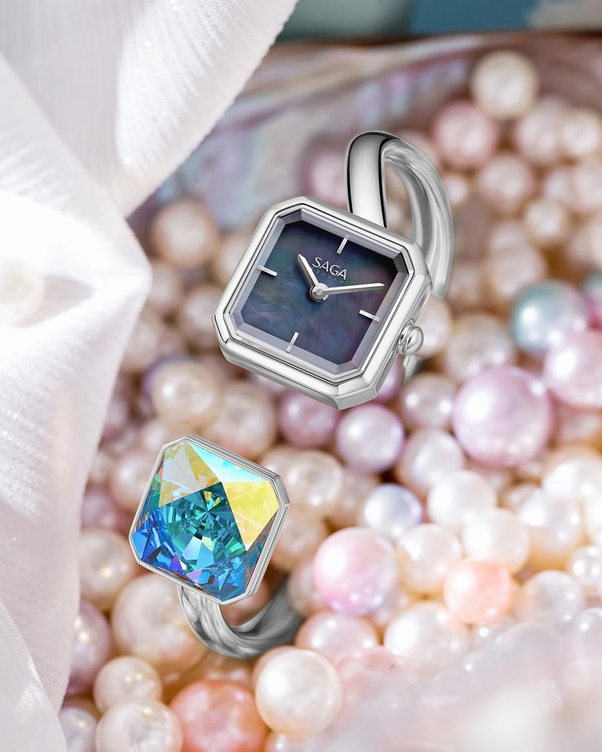 SAGA Light of Vendome Women's Luxury Cuff Bangle Quartz Watch, 20MM Square Case, Swiss Ronda Quartz Movement, 30M Water Resistant, 316L Stainless Steel Bracelet with Danube Crystals