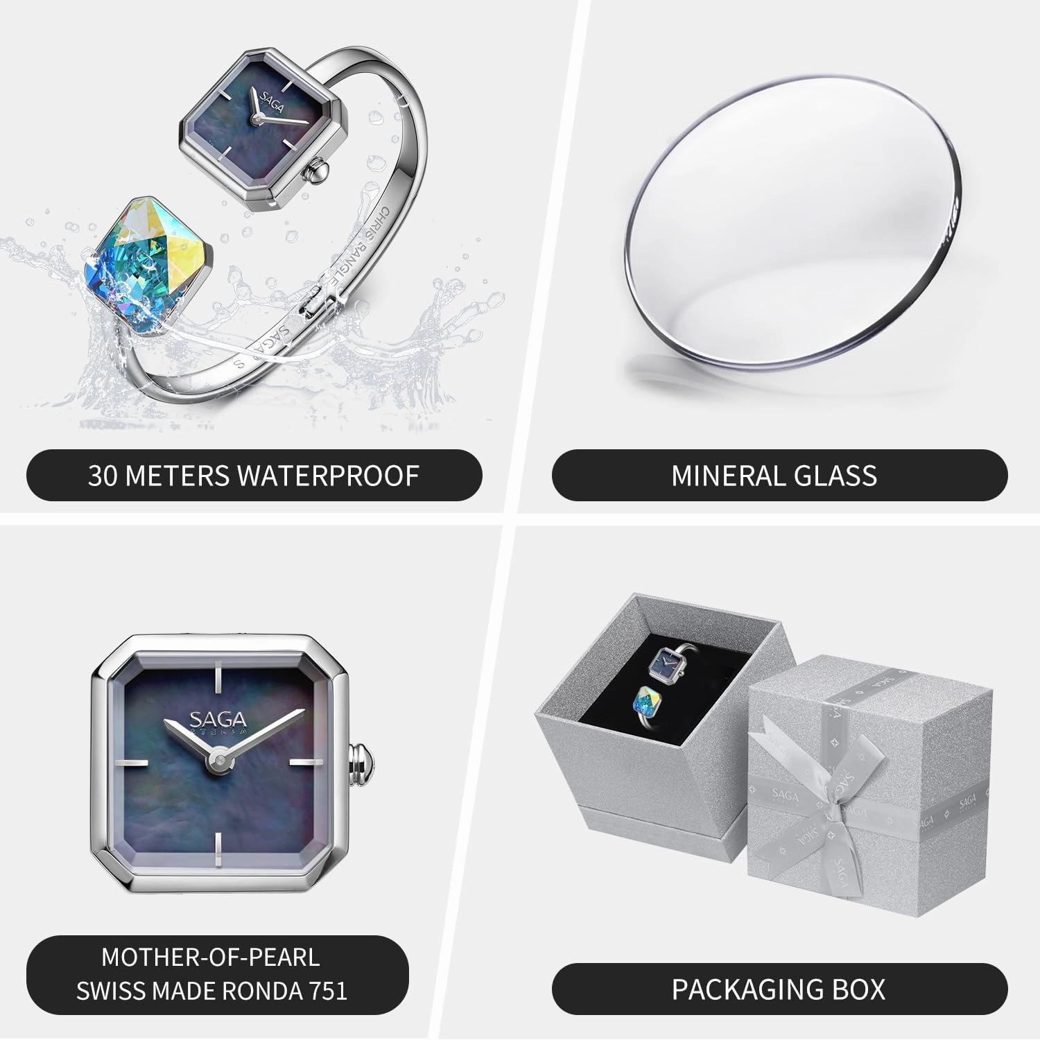 SAGA Light of Vendome Women's Luxury Cuff Bangle Quartz Watch, 20MM Square Case, Swiss Ronda Quartz Movement, 30M Water Resistant, 316L Stainless Steel Bracelet with Danube Crystals
