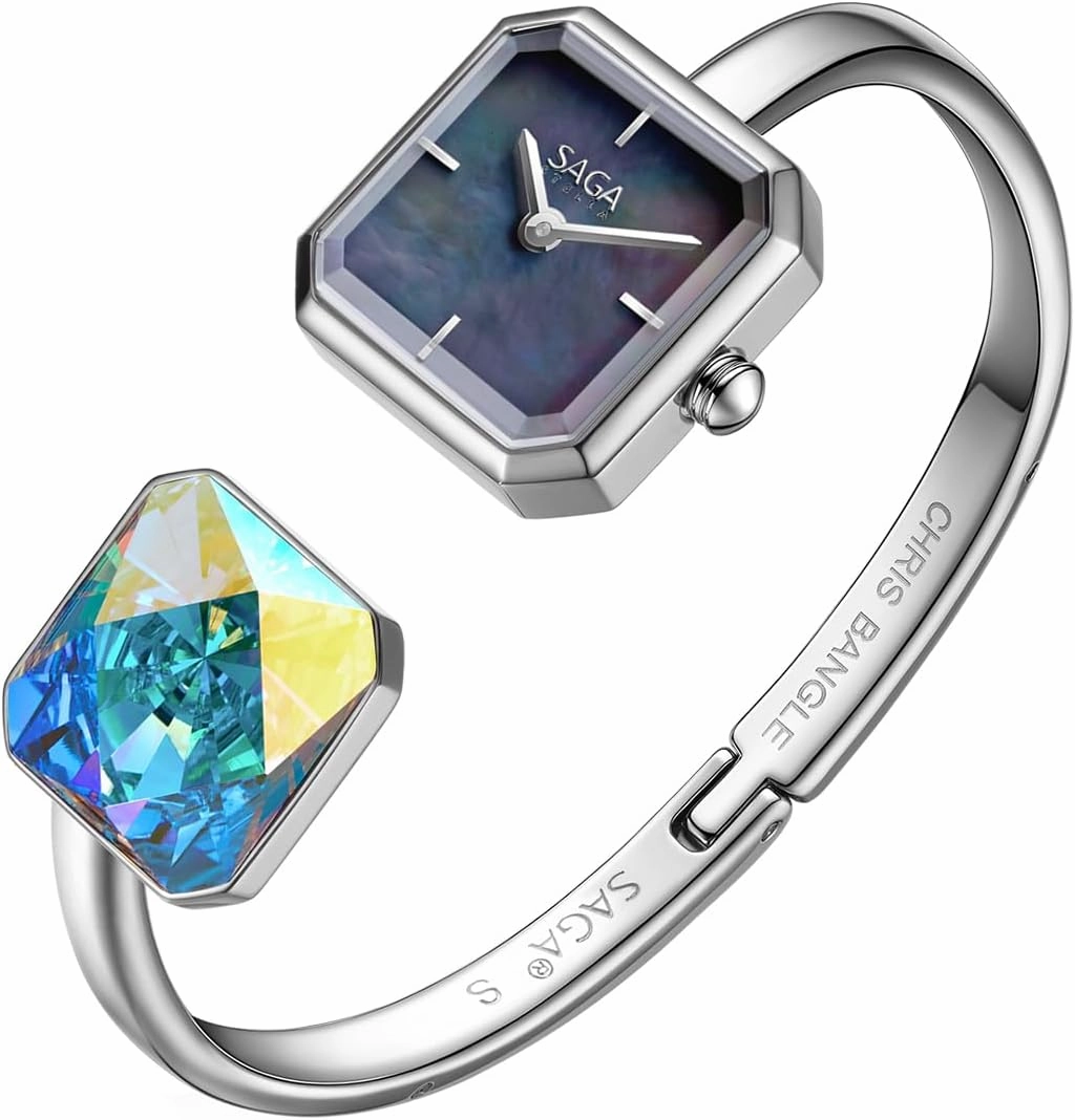 SAGA Light of Vendome Women's Luxury Cuff Bangle Quartz Watch, 20MM Square Case, Swiss Ronda Quartz Movement, 30M Water Resistant, 316L Stainless Steel Bracelet with Danube Crystals