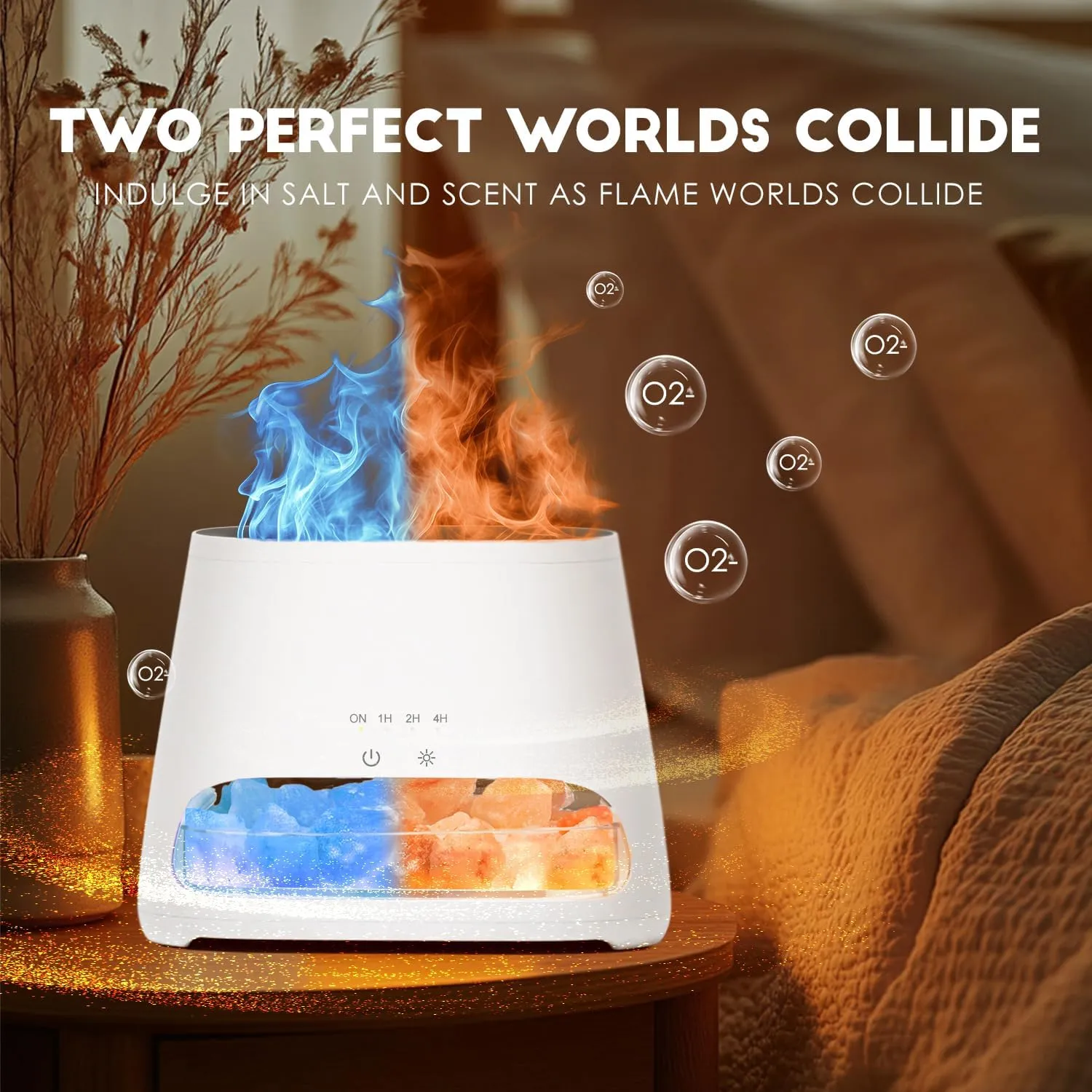 SALKING Colorful Flame Fire Diffuser Humidifier, Himalayan Salt Lamp, 7 Colors Changing Oil Diffuser, Ultra-Quiet Essential Oils Aromatherapy Diffusers for Large Room, Bedroom,150ml (White)